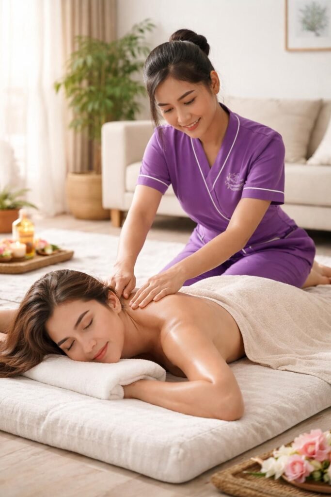 Abdominal lymphatic drainage massage treatment for women at home in Dubai.