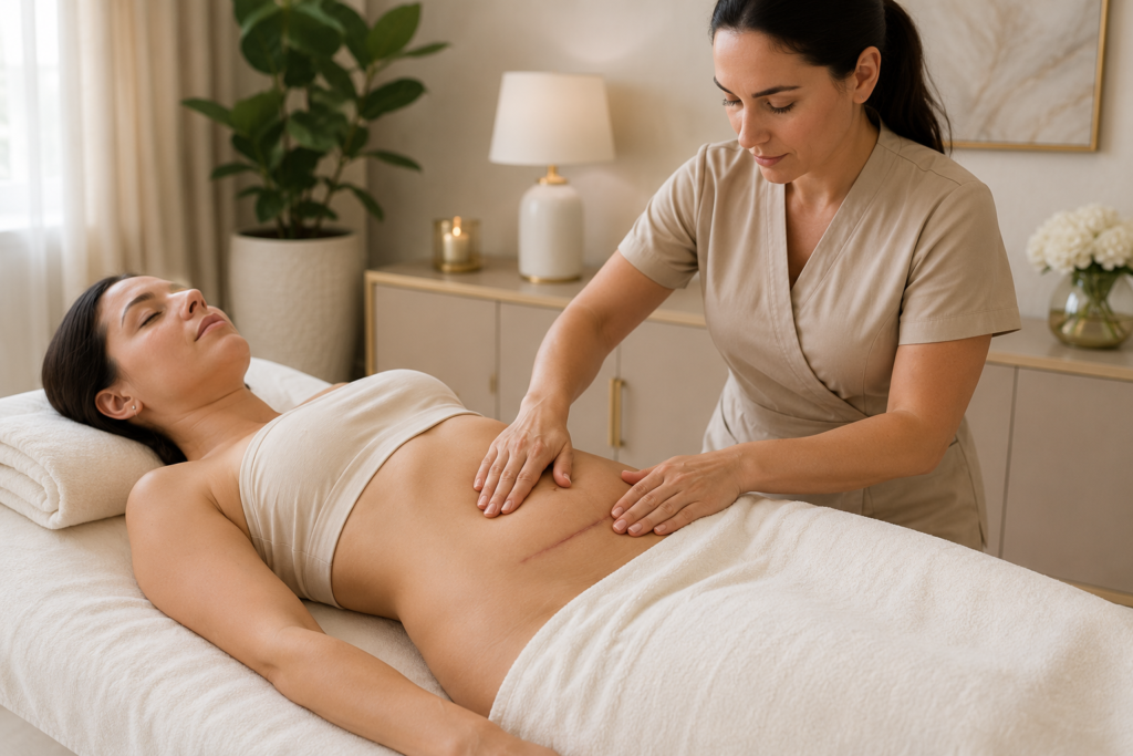 Female therapist performing post-surgery lymphatic drainage massage on a woman's abdomen in a luxury home spa in Dubai.